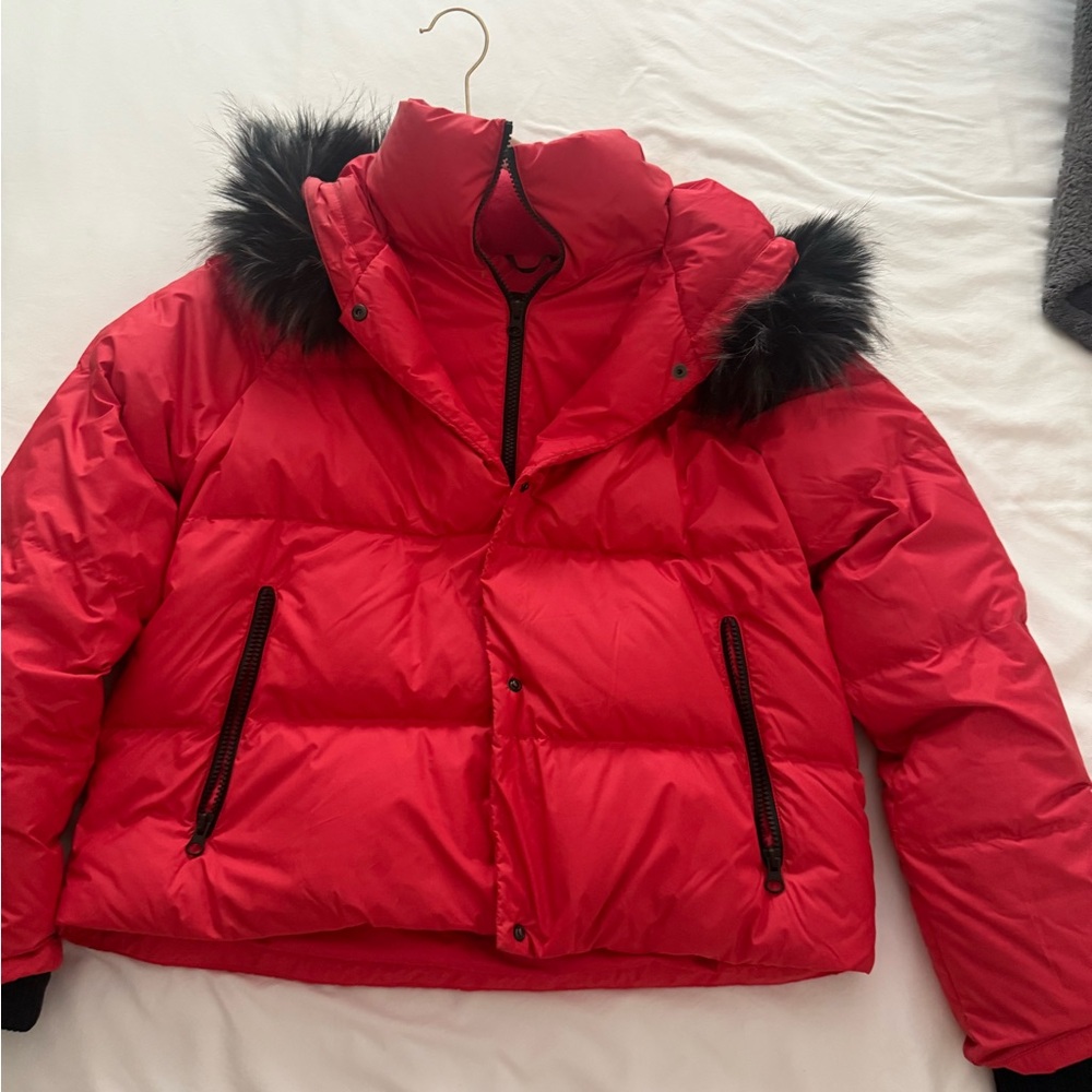 The North Face Red Puffer Jacket with Black Fur Trim